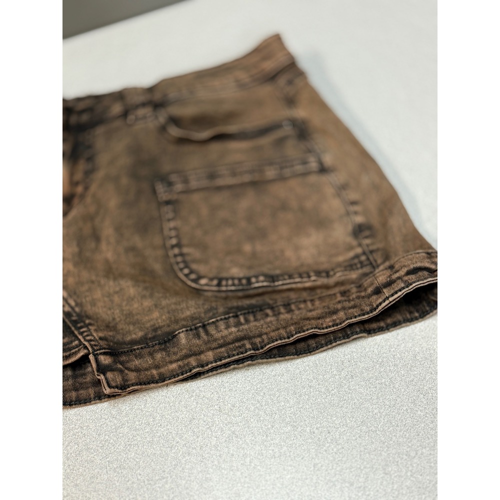 Distressed Denim Mini Skirt Brown Wash Frayed Hem Pockets